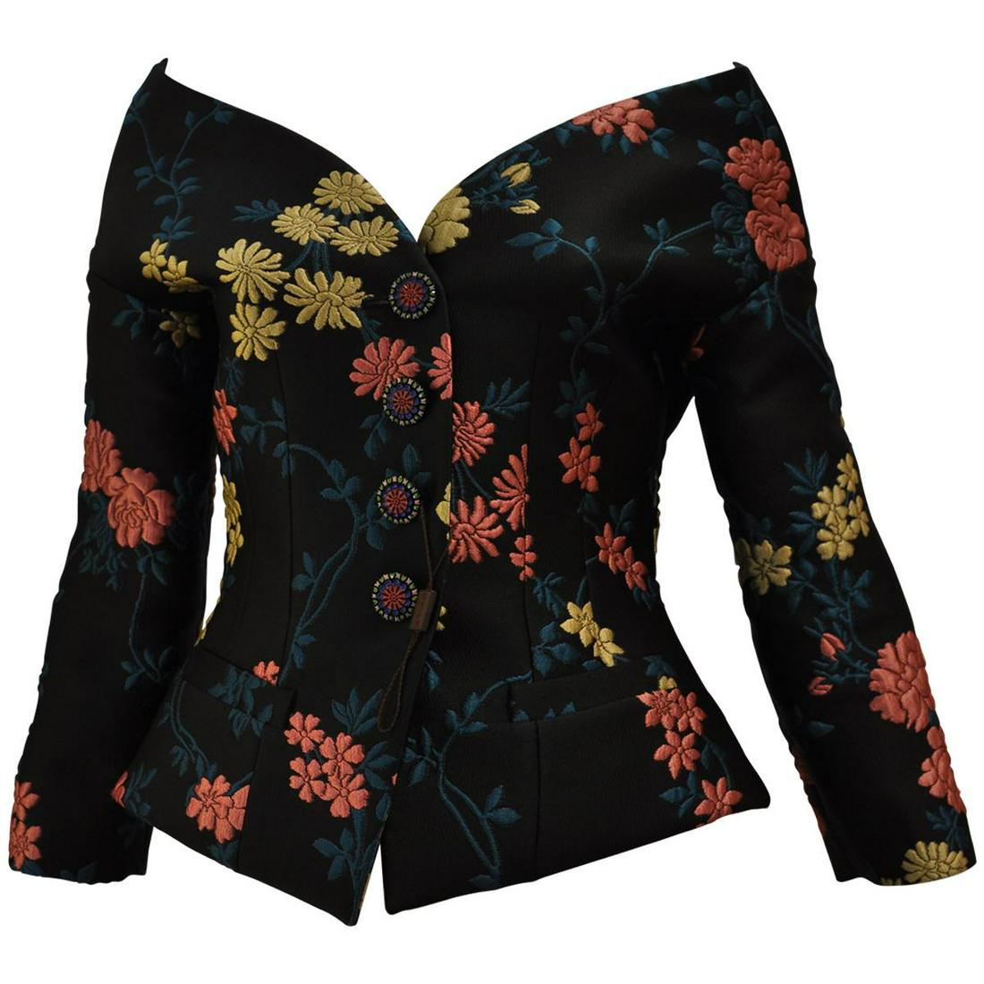 Fabulous ETRO Floral Brocade Off-the-Shoulder Jacket: This last F/W season jacket is gorgeous. It has an off-the-shoulder neckline; four jeweled buttons down the front; bracelet sleeves; two front pockets; lovely princess seams;a two inch slit at the mid