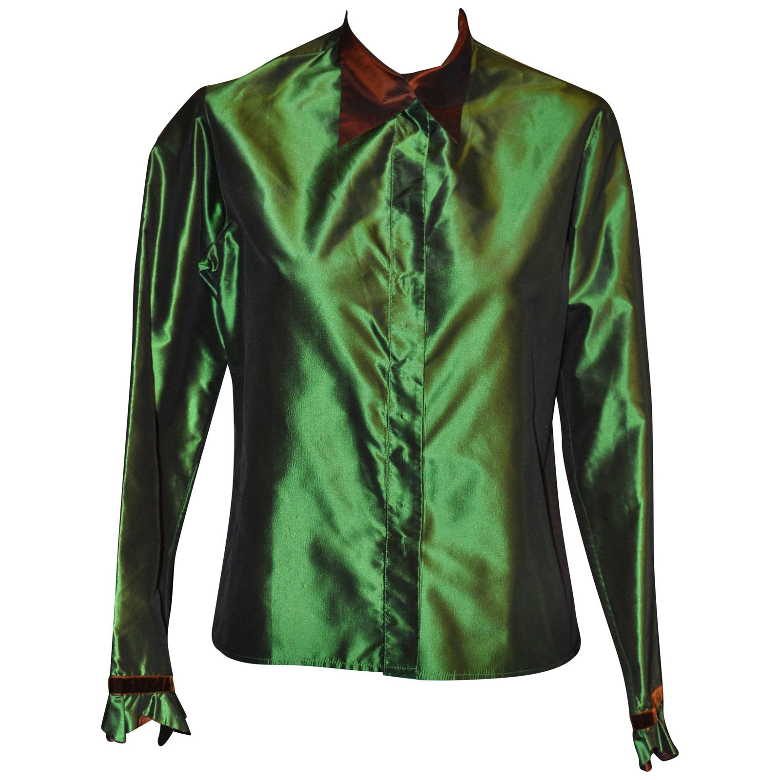 ETRO Green Silk Blouse with Brown Accents 44 Itl: Beautiful combination of shiny green silk with a brown collar and velvet brown trim on scalloped reversible cuffs, The neckline can be buttoned up or left open, and front closure is by hidden button.