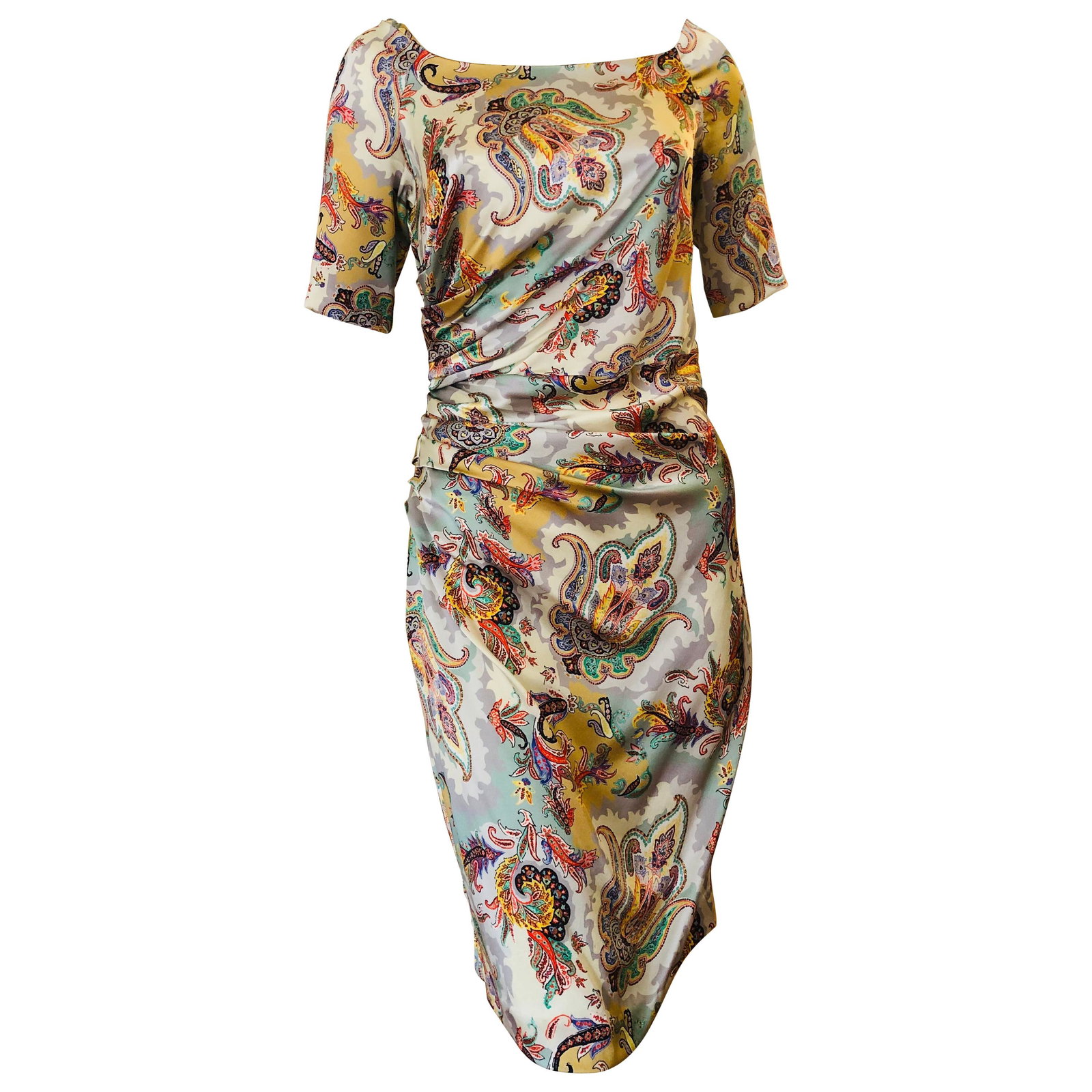ETRO Silk Draped Paisley Print Dress 44 ITL: ETRO silk dress with 7% elasthane which give it some stretch. There is side draping on both the front and back and the colors go from silver to green, orange and gold. This dress is very versatile as