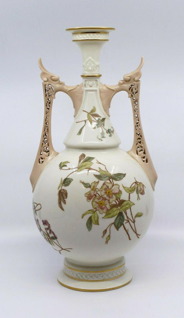 Large Victorian Royal Worcester Two Handled Vase 1071: Width 19 cm 7 1/2 in Depth 16.5 cm 6 1/2 in Height 36 cm 14 in Period Late 19th c., English Manufacturer Royal Worcester Date 1886 Backstamp Royal Worcester puce backstamp, date code for 1886, regis