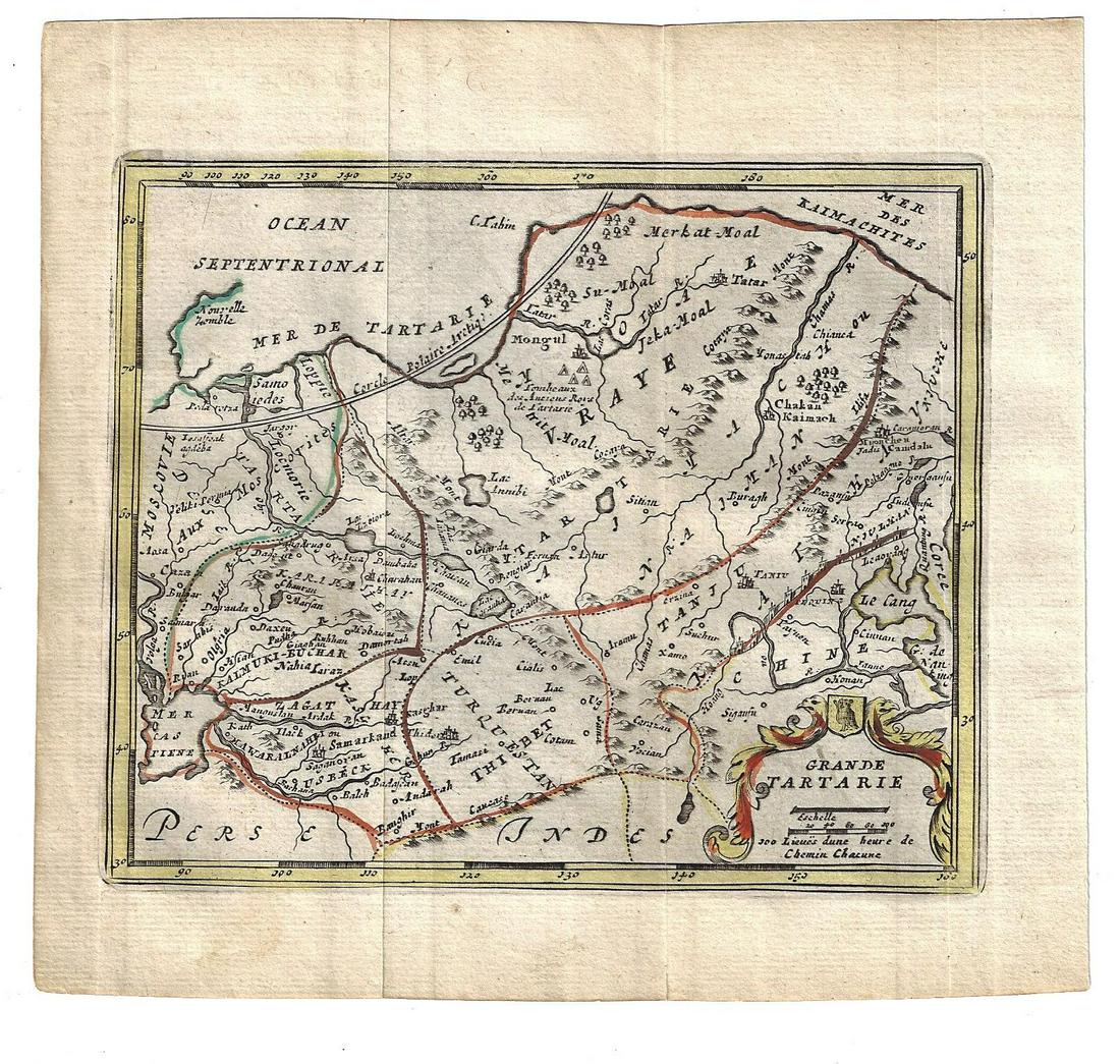 1725 Hand Colored Map Grand Tartarie: Hand colored map attributed to Affereden's Atlas circa 1725 of Grand Tartarie. Fine, with folds. Measures 7.5 x 7". Reserve: $50.00 Shipping: Domestic: Flat-rate of $5.00 to anywhere within the contig