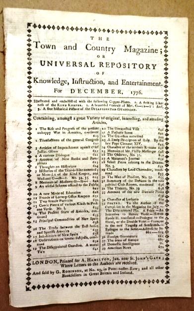 1776 Magazine Revolutionary War: The December 1776 issue of Town and Country Magazine printed at London for A. Hamilton, 56 pages and two engraved plates. American Revolution contnet including historical perspective as well as curren