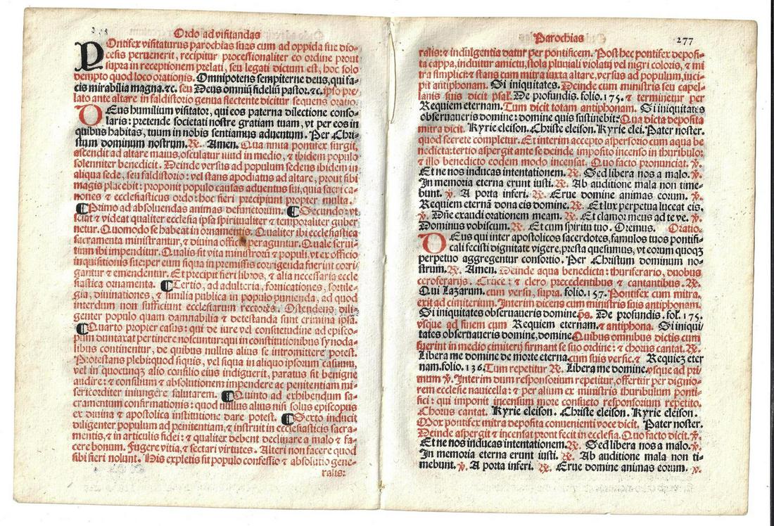 1567 Two Fine Catholic Prayer Leaves: A Catholic prayer bifolium of two leaves mainly in red printed at Venice in 1567 from “Sacerdotal ad Consuetudinem Sacro Sancte..”. In red and black. Fine. Measures 12.5 x 8.5”. Reserve: $20.00 