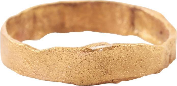 ANCIENT VIKING WEDDING RING, 866-1067 AD JEWELRY SIZE 6: Broad band, 3.7-4.5mm, with flat face. The surface with tool finish and textured from burial. The 24karat gold surface professionally restored. Vikings exchanged rings on the pommel of the groom’s s