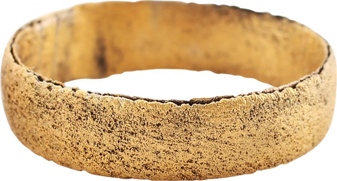 FINE VIKING WEDDING RING, 10-11 CENTURY AD SIZE 7 3/4: Size 7 3/4, broad flat band, 3.8mm width. Surface very lightly textured from burial. Vikings exchanged rings on the pommel of the groom’s sword. Professionally refurbished with the surface restored 