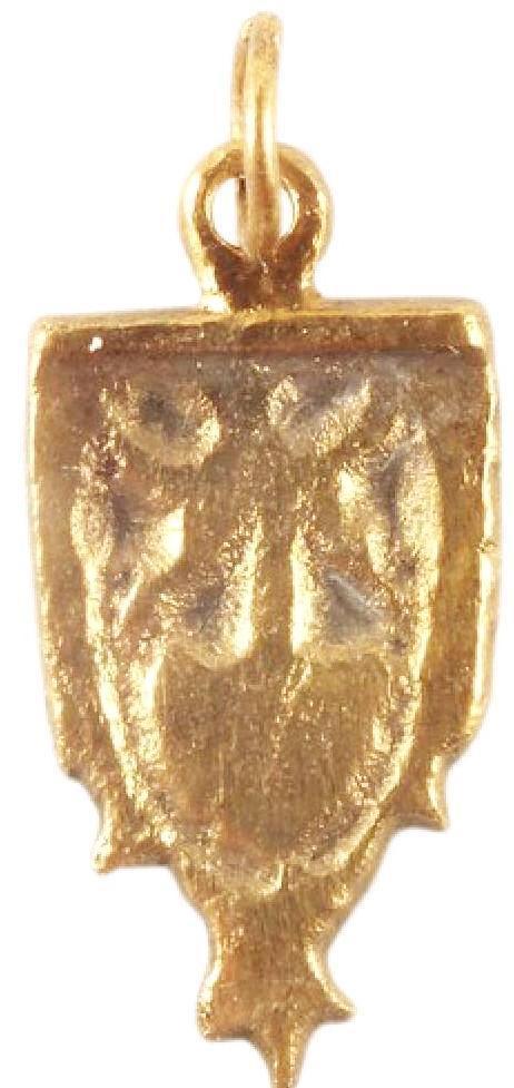 MEDIEVAL ITALIAN PENDANT 14th-16th century: Gilt bronze. Shield shaped with armor elements and central family device. Just under 1” height. Professionally refurbished with the gold overlay restored for contemporary wear. Reserve: $120.00 Ship