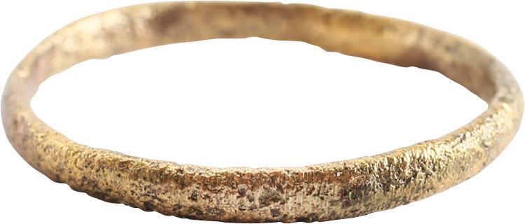 VIKING WOMAN’S WEDDING RING, 9TH-10TH CENTURY SZ 9: Gilt bronze, size 9. Narrow band, 2.2mm, with a rounded face. Professionally refurbished with the 24karat gold surface restored. Vikings exchanged rings on the pommel of the groom’s sword. Gift boxe