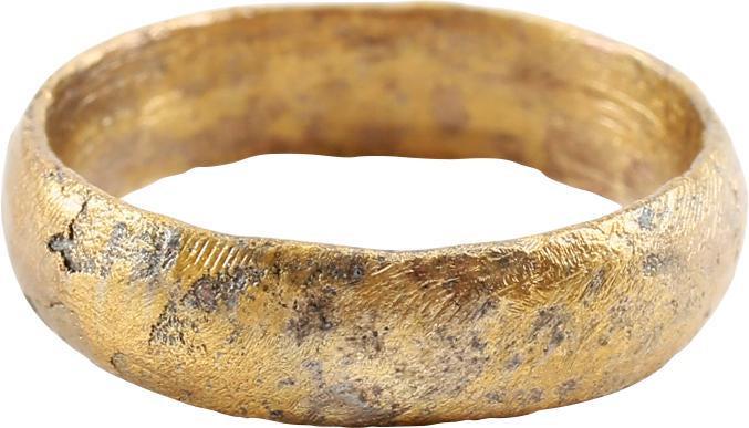 FINE ANCIENT VIKING WEDDING RING, 866-1067 AD JEWELRY: Cambridgeshire England. Gilt bronze, size 7. 4.9mm width well rounded band. Professionally refurbished with the surface restored in 24 karat gold. Great age character. Gift boxed with certificate of a
