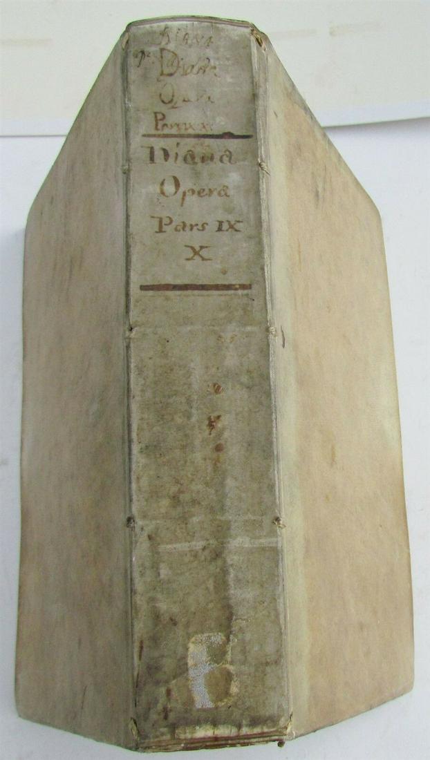 1650 VELLUM BOUND ANTIQUE FOLIO Antonini Diana: Antonini Diana Panormitani… Resolutiones Morales. Venice, 1650. Size 13 x 9.5". Folio. Period vellum, title to spine in manuscript. Some toning on the pages. Ex-library. (23) Reserve: $303.99 Ship