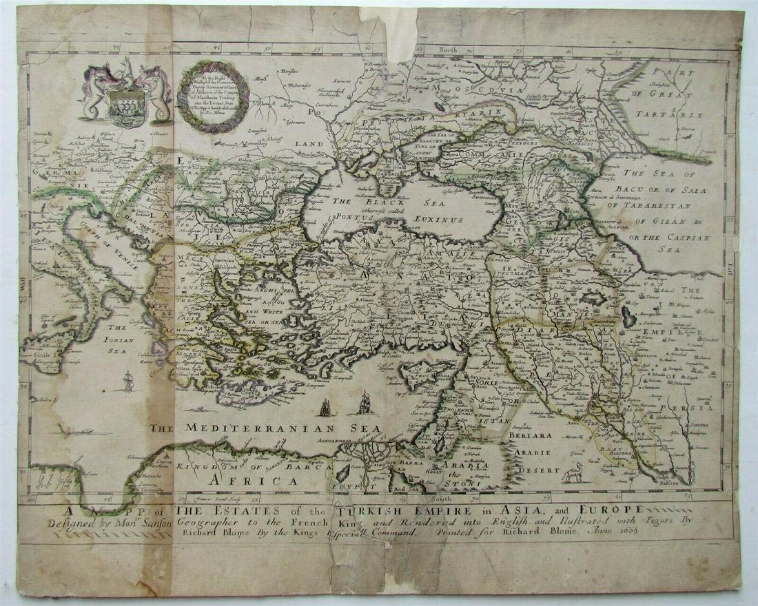 1669 antique MAP OF ESTATES OF TURKISH EMPIRE in ASIA &: Size 13 by 16" Some damages on the margins. Backed on linen (551) Reserve: $183.99 Shipping: Domestic: Flat-rate of $6.00 to anywhere within the contiguous U.S. International: Foreign shipping rates a
