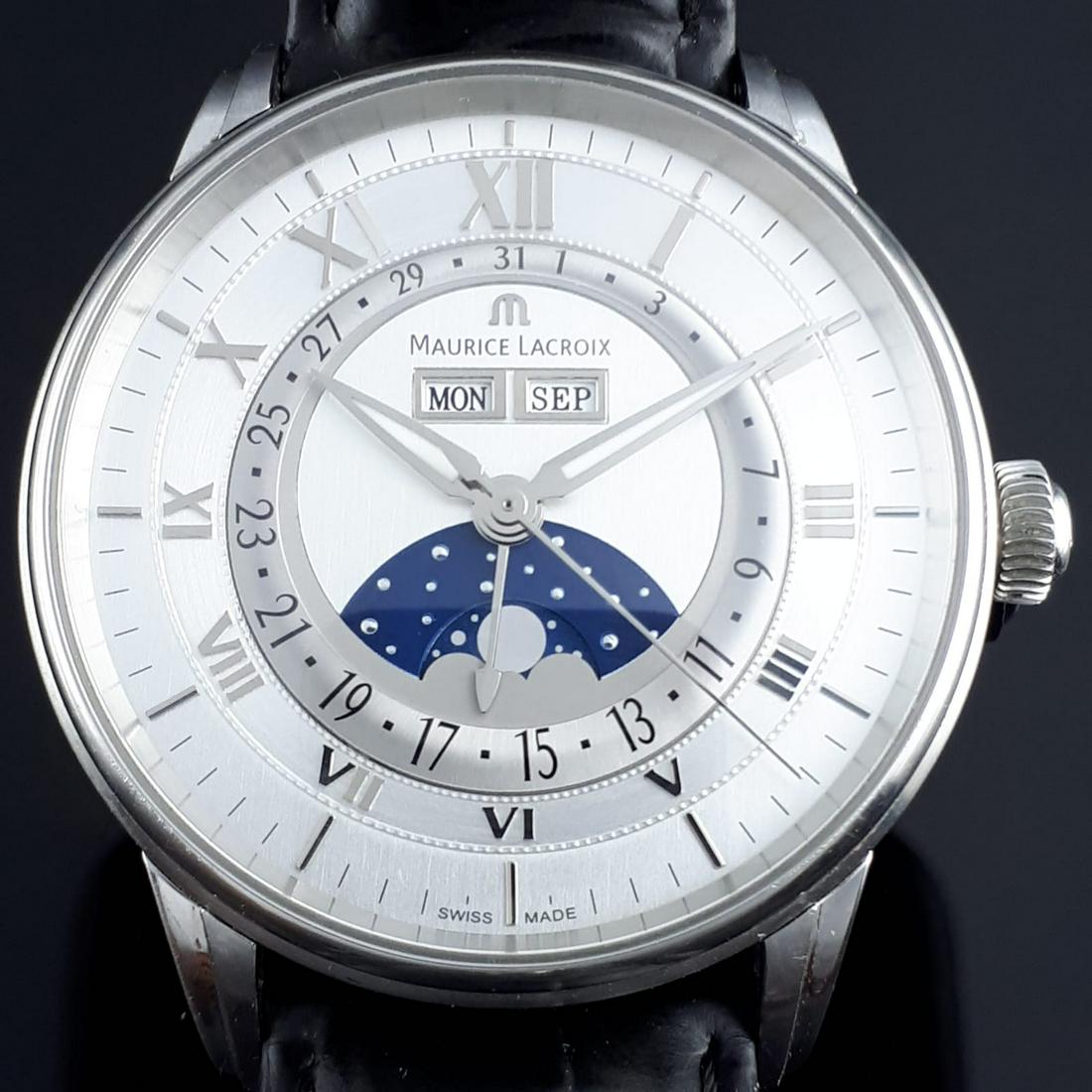 Maurice Lacroix - Masterpiece Phase de lune, Triple: Brand:Maurice Lacroix Model:Masterpiece Phase de lune, Triple Date Reference Number: MP6428 Gender:Men Period:2011-present Movement:Automatic Case material:Steel Extras:Full set Type:Ana