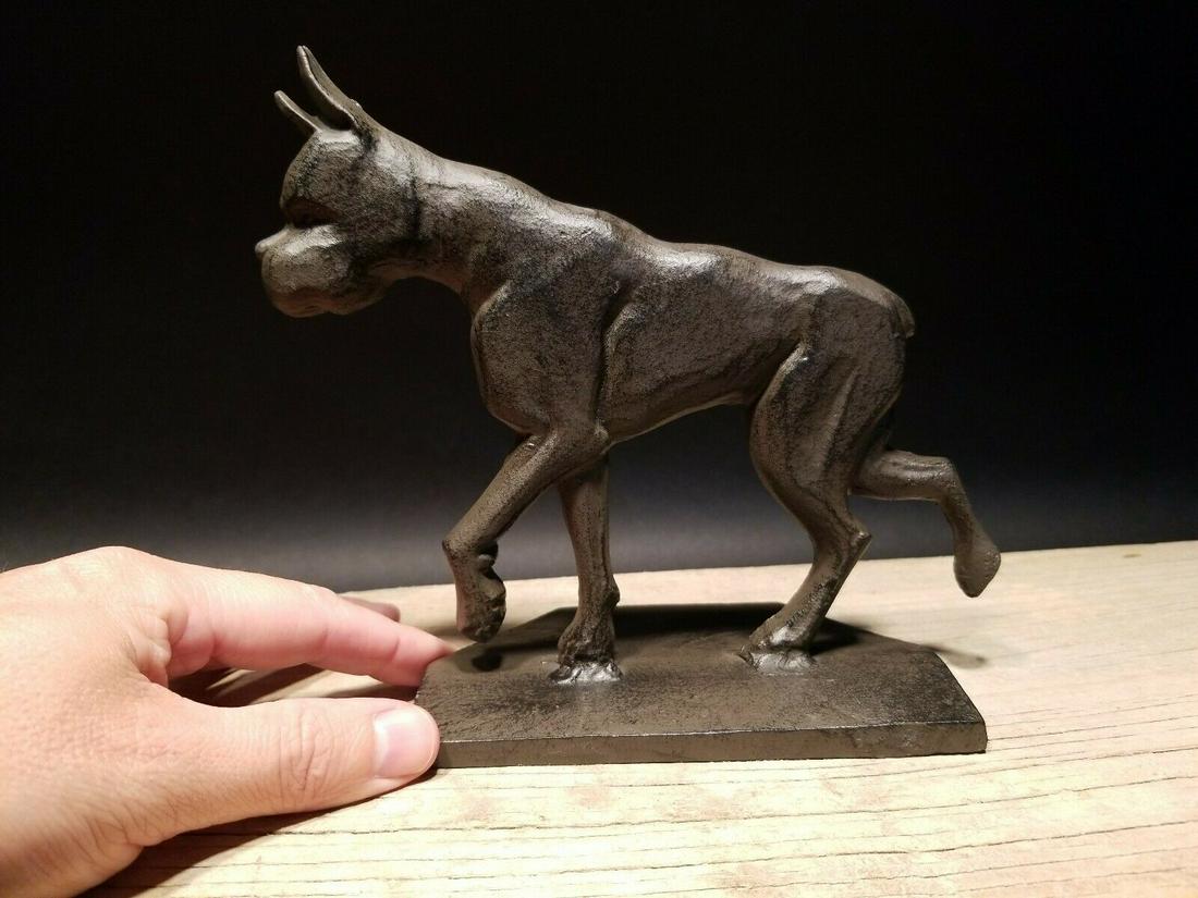 Cast Iron Boxer Dog Door Stop: 8" Long x 6 1/2" High base is 3 1/2" wide Nice Reproduction antique style boxer dog door stop! All cast iron rust/black color. Slide right up to a door to keep it stationary. Certainly a great item! B