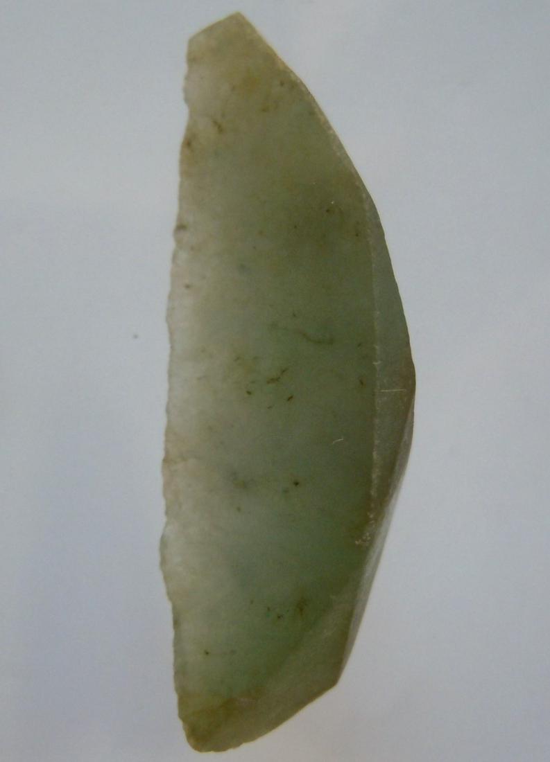 20.8 CT GENUINE BURMESE JADEITE JADE: No Reserve! Title: 20.8 CT GENUINE BURMESE JADEITE JADE Origin: Hpakant, Kachin State, Myanmar Size: 3.6x1.2x0.7 cm / 4.16 gram Description: translucent light green jadeite jade. cut piece, one side p