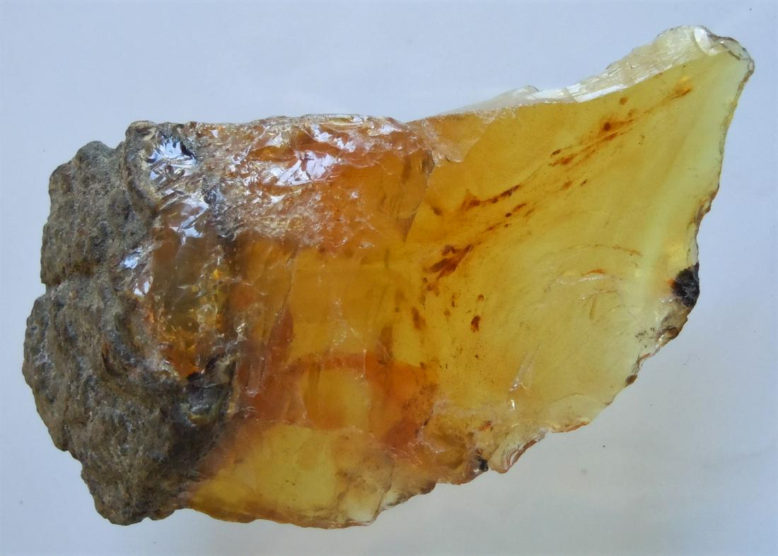 100 MILL YEARS OLD ROUGH BURMESE AMBER: Title: 100 MILL YEARS OLD ROUGH BURMESE AMBER Origin: Hukawang Valley, Kachin State, Myanmar Size: 7.7x1.6x1.4 cm / 18.69 gram Description: transparent honey yellow to orange rough burmite amber with 