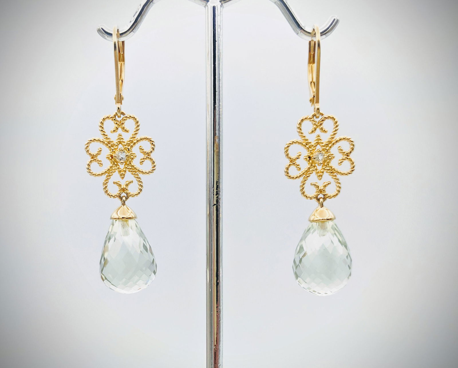 Baroque Style Earrings w Pale Green Amethyst & CZs (1 of 3)