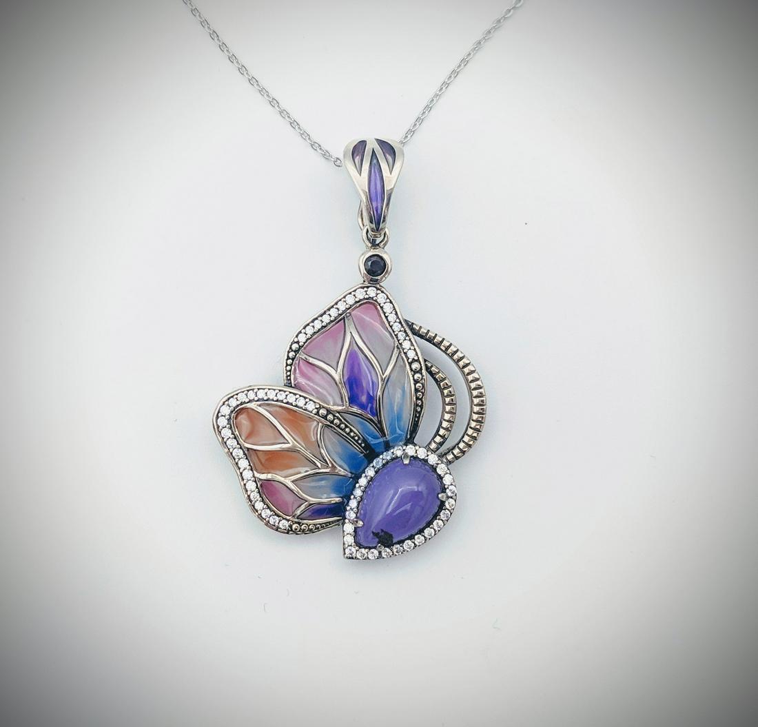 Necklace & Butterfly Pendant w Violet Jade, CZs, Garnet (1 of 3)