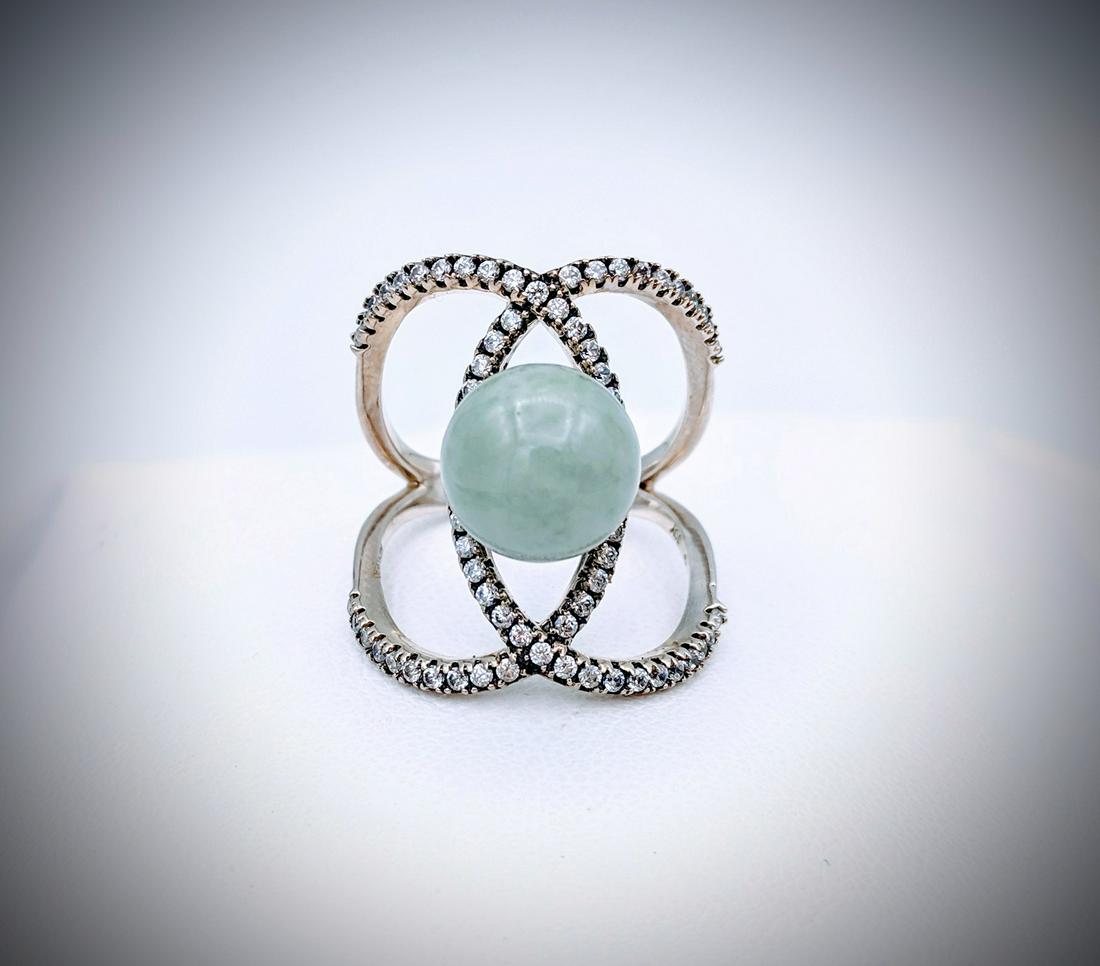 Sterling Silver Sz 7 Infinity Ring w Jade & CZ (1 of 3)