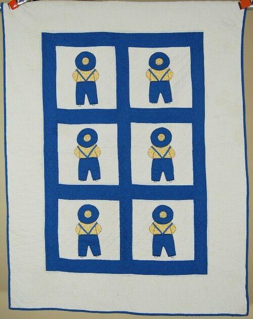 Vintage 30's Overall Sam Antique Crib Quilt (1 of 8)