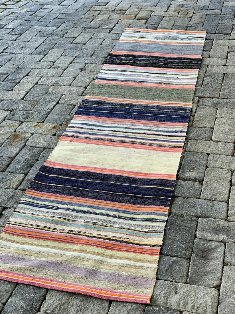 c. 1940 Quebec Rag Carpet (unused): Title: c. 1940 Quebec Rag Carpet (unused) Description: Finely & tightly woven. Exceptional palette & color gradation. Woven in long rolls & meant to be cut into sections. Dimensions: 11 ft. 1 in. x 33