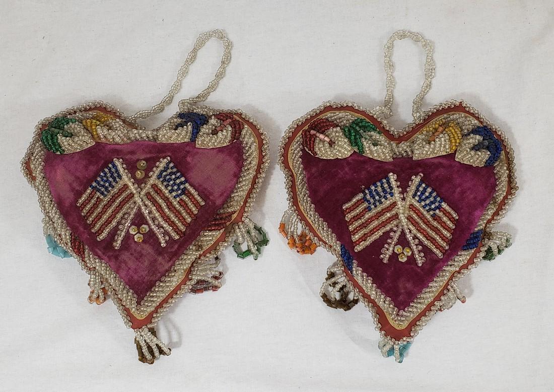 Pair of Iroquois beaded heart pincushions with flags ca (1 of 4)