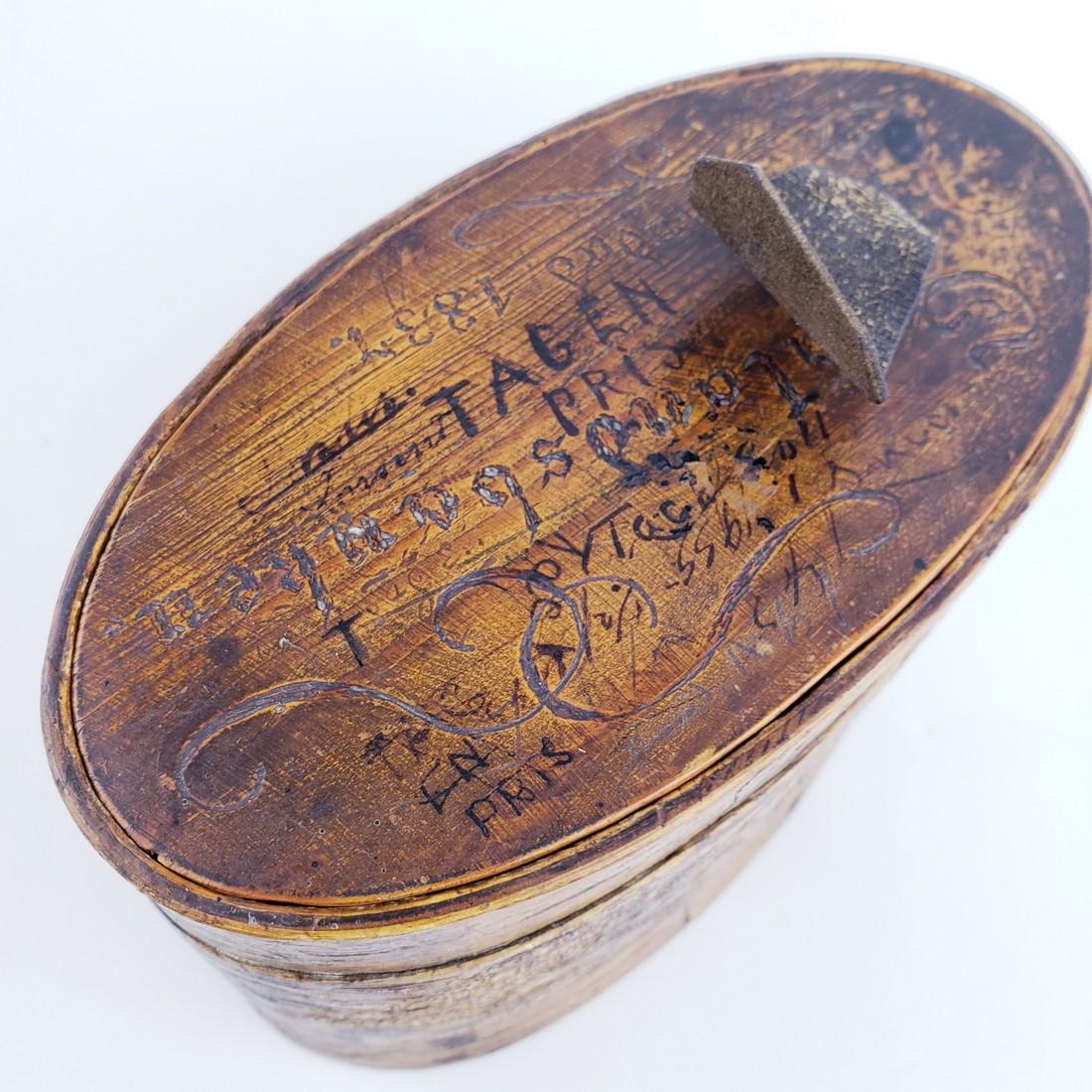 dated 1837 Birch tobacco box, bentwood box: Title: dated 1837 Birch tobacco box, bentwood box Date/Period: c. 1837 Materials: wood Dimension: 6 1/4" x 3 1/2" Description:Dated bentwood tobacco box originally signed and dated 1837, with consecut
