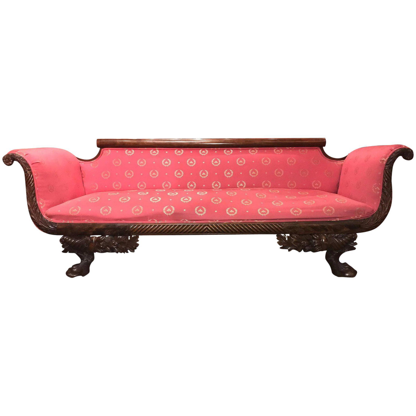 Federal Mahogany Sofa with Carved Hairy Paw Feet and: Title: Federal Mahogany Sofa with Carved Hairy Paw Feet and Satin Upholstery Description: A fine example of a Federal mahogany sofa with wonderfully carved harry paw feet, acanthus carved scrolled arm
