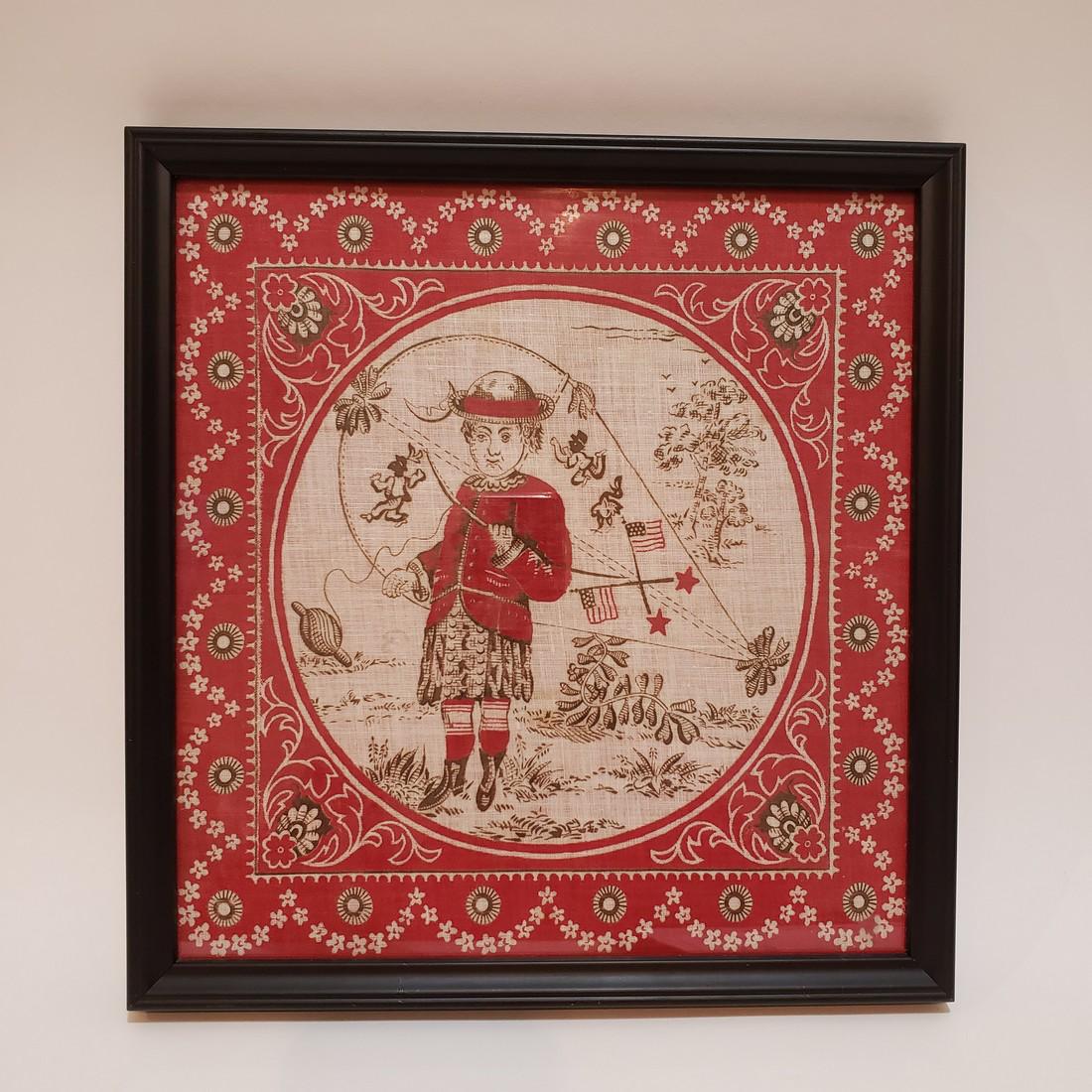 1800s American Bandana, Handkerchief w/ Native and: Title: 1800s American Bandana, Handkerchief w/ Native and Black Americana characters Date/Period: Materials: textile Dimension: 11 1/4" x 11 1/2" in frame Description:Mid 1800s Turkey Red bandana or h