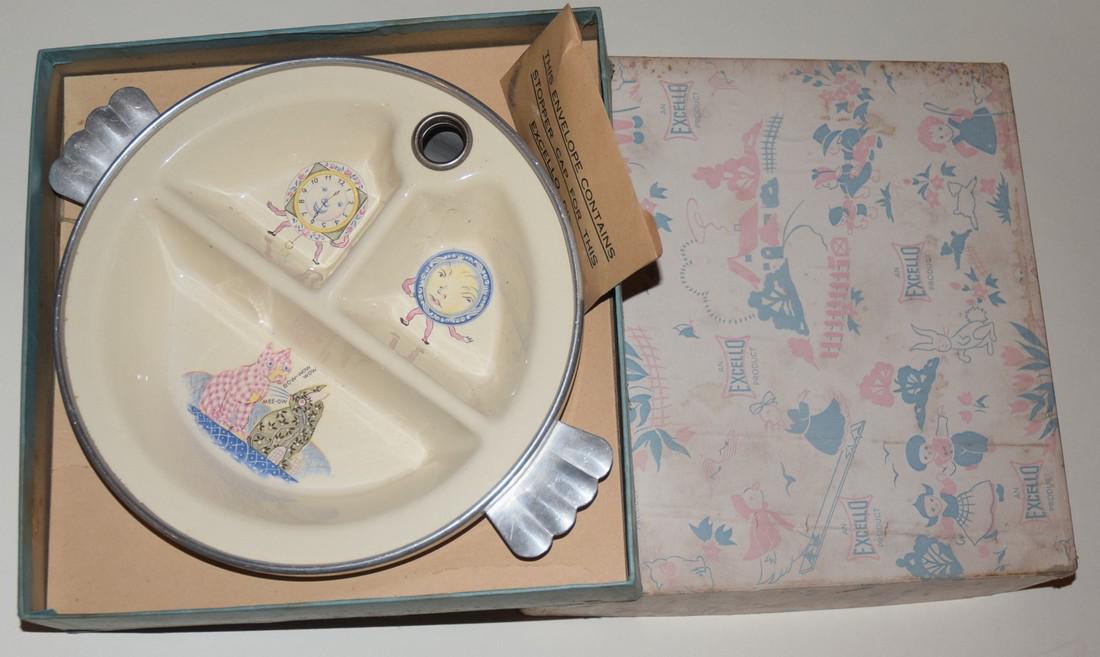 Vintage 1940's Excello Baby Dish “Clocks, Dogs & Cats” (1 of 3)