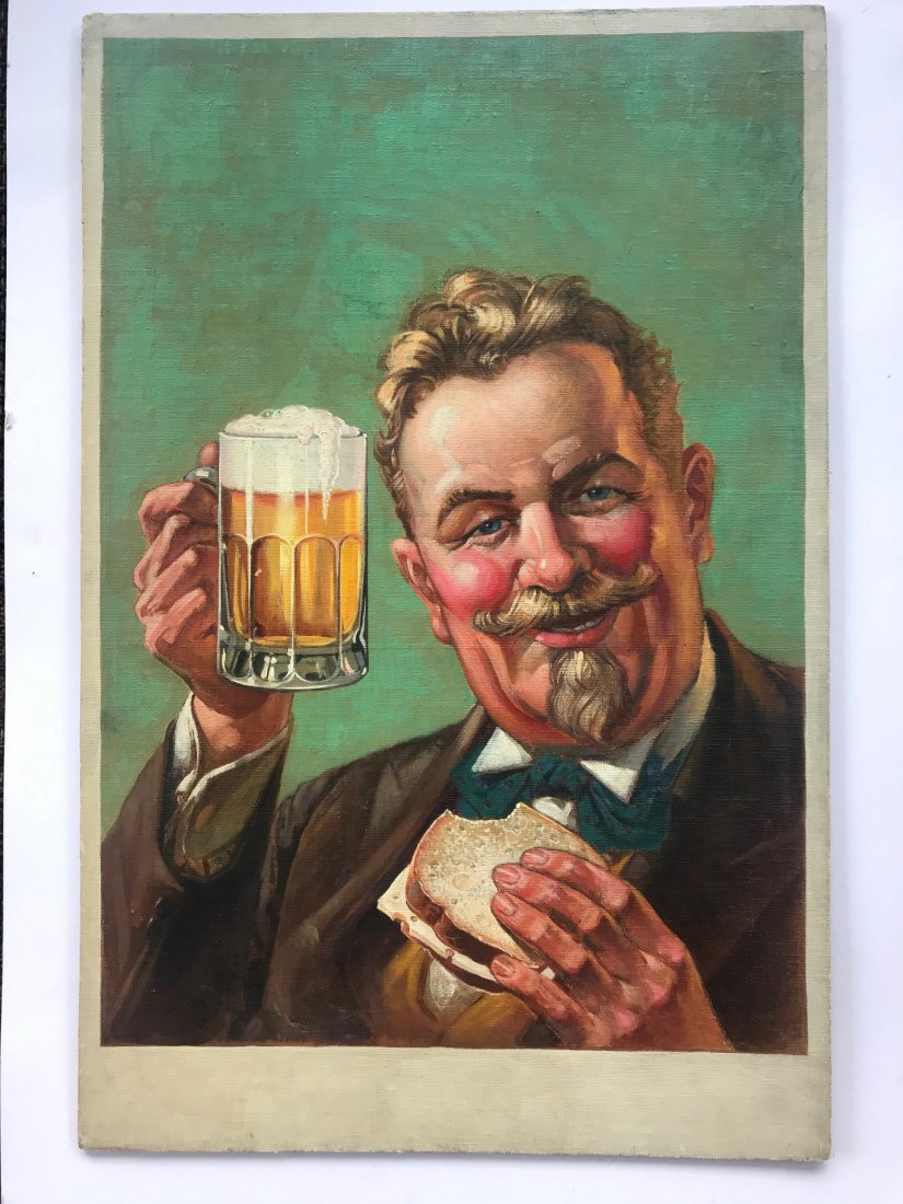 Circa 1930s Colorful Illustration Art Oil on Canvas: Title: Circa 1930s Colorful Illustration Art Oil on Canvas Painting Depicting a Jovial Fellow Drinking Beer and Eating a Sandwich Dimensions: 16-3/4" X 25-3/4". Provenance/Additional Info: Oil paintin
