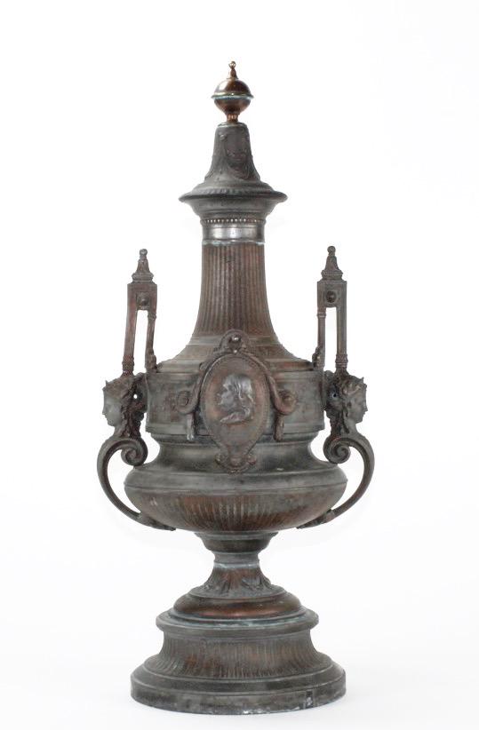 Copper French Finial with Portraits of Benjamin: Title: Copper French Finial with Portraits of Benjamin Franklin and Ling Louis XVI Provenance: Most likely last quarter of the 19th century. Shows good age and patina. 20” ht. Hairline/slight bend t