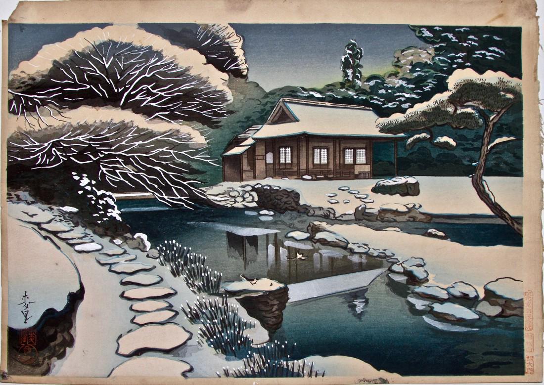 Ohno: Tea House in Snow: Artist: Bakufu OHNO (1888-1976) Subject: Tea House in Snow Publisher: Kyoto Hanga-in Signature: Bakufu, B. Ohno in English Date: c. 1950 Format: dai-ôban, 41 x 29.4 cm Condition: Fine impression and