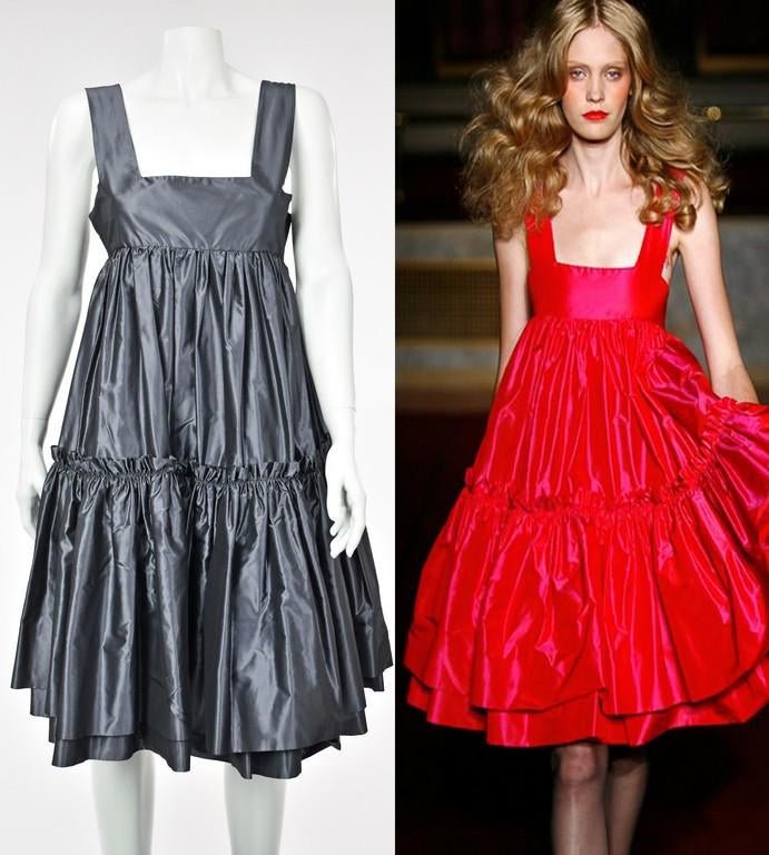 KATY RODRIGUEZ Gray Silk Taffeta Runway Dress: Extra full, shimmering gray taffeta party dress with empire waist from Katy Rodriguez. Katy Rodriguez is the founder of bi-coastal "Resurrection Vintage," the destination for buying the very hippest i