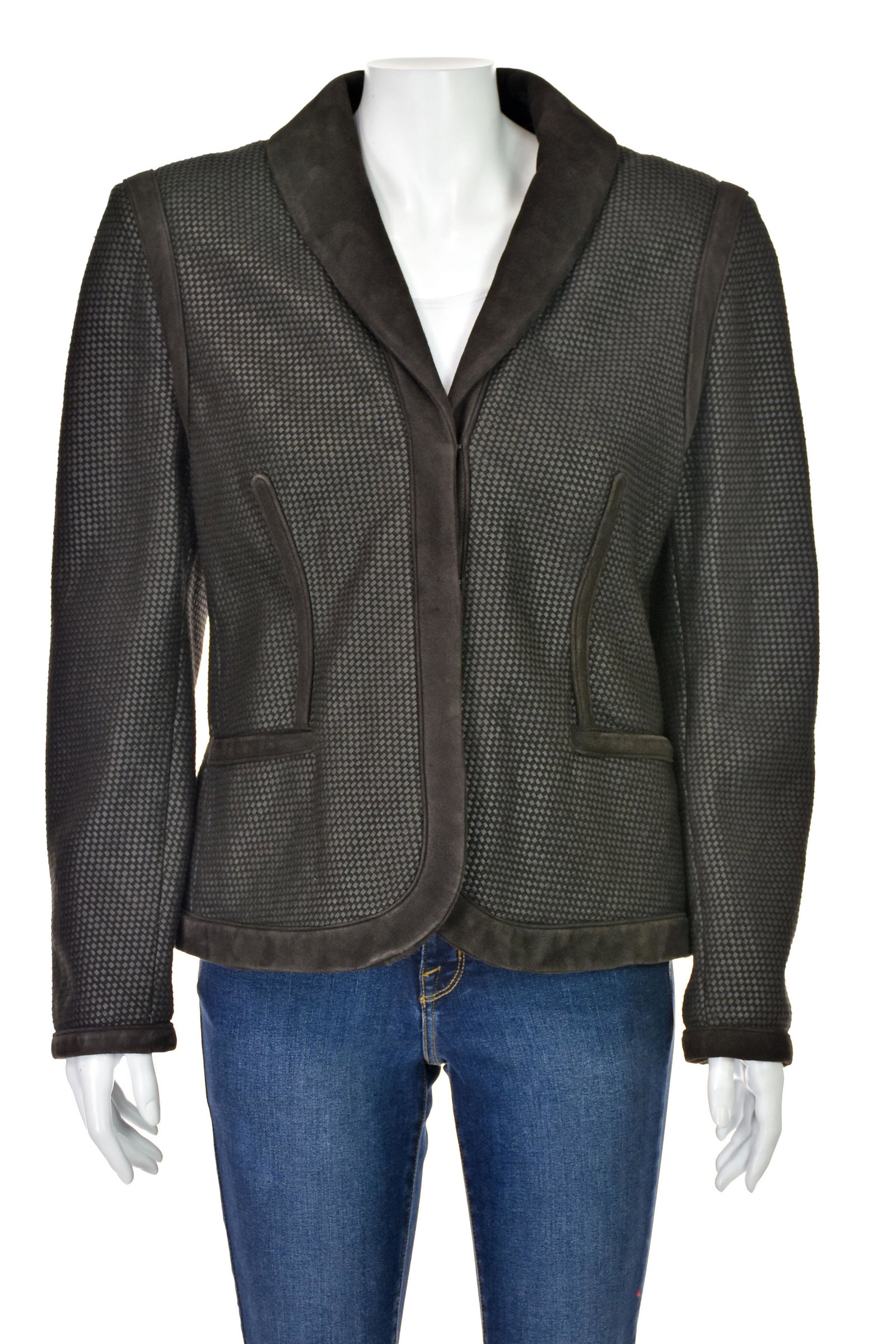 ZAC POSEN Brown Woven Jacket with Suede Trim: Even up close, this great looking brown jacket from Zac Posen appears to be woven leather but in fact, the warp and woof yarns are cotton and polyester. However, the jacket trim, including the collar,