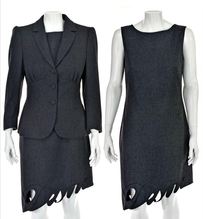 MOSCHINO COUTURE! Charcoal Gray Wool Jacket Dress: This handsome jacket dress is from Moschino Couture. It features a fitted jacket with slightly gathered sleeves that is also gathered under the breasts and a sleeveless dress with an asymmetrical heml