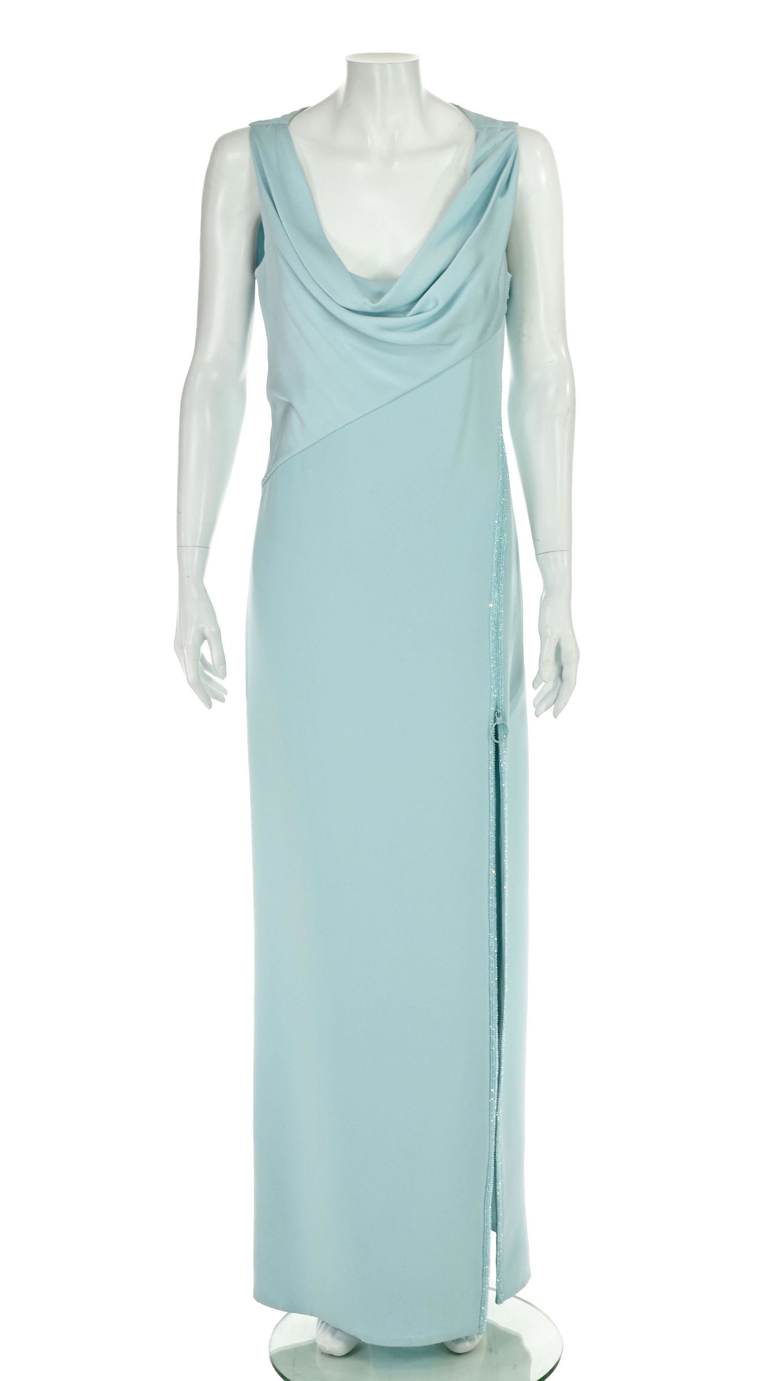 VERSACE Heavenly Blue Evening Dress: This gorgeous evening gown from Versace is the color that I imagine heaven to be. The sheath dress has a long slit that is enhanced on both sides with tiny faceted crystal beads in the same color as t