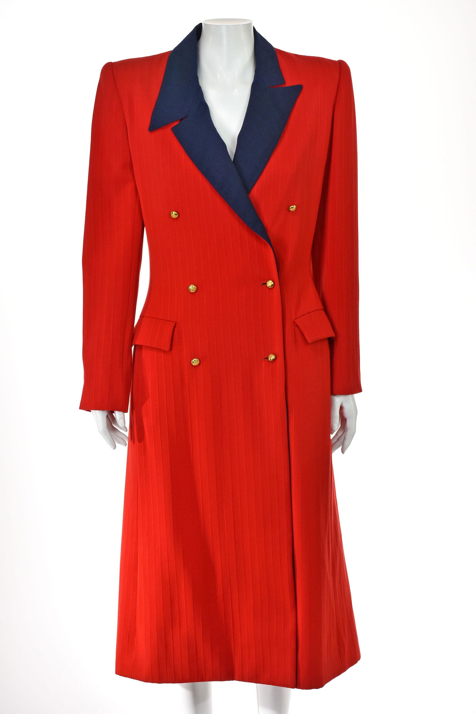 BILL BLASS Vintage Red Gabardine Fitted Coat: This bright red vintage fitted coat from Bill Blass features contrasting navy blue collar and lapels. The coat also has a notched collar, brass buttons, flap pockets, and shoulder pads. Could also be