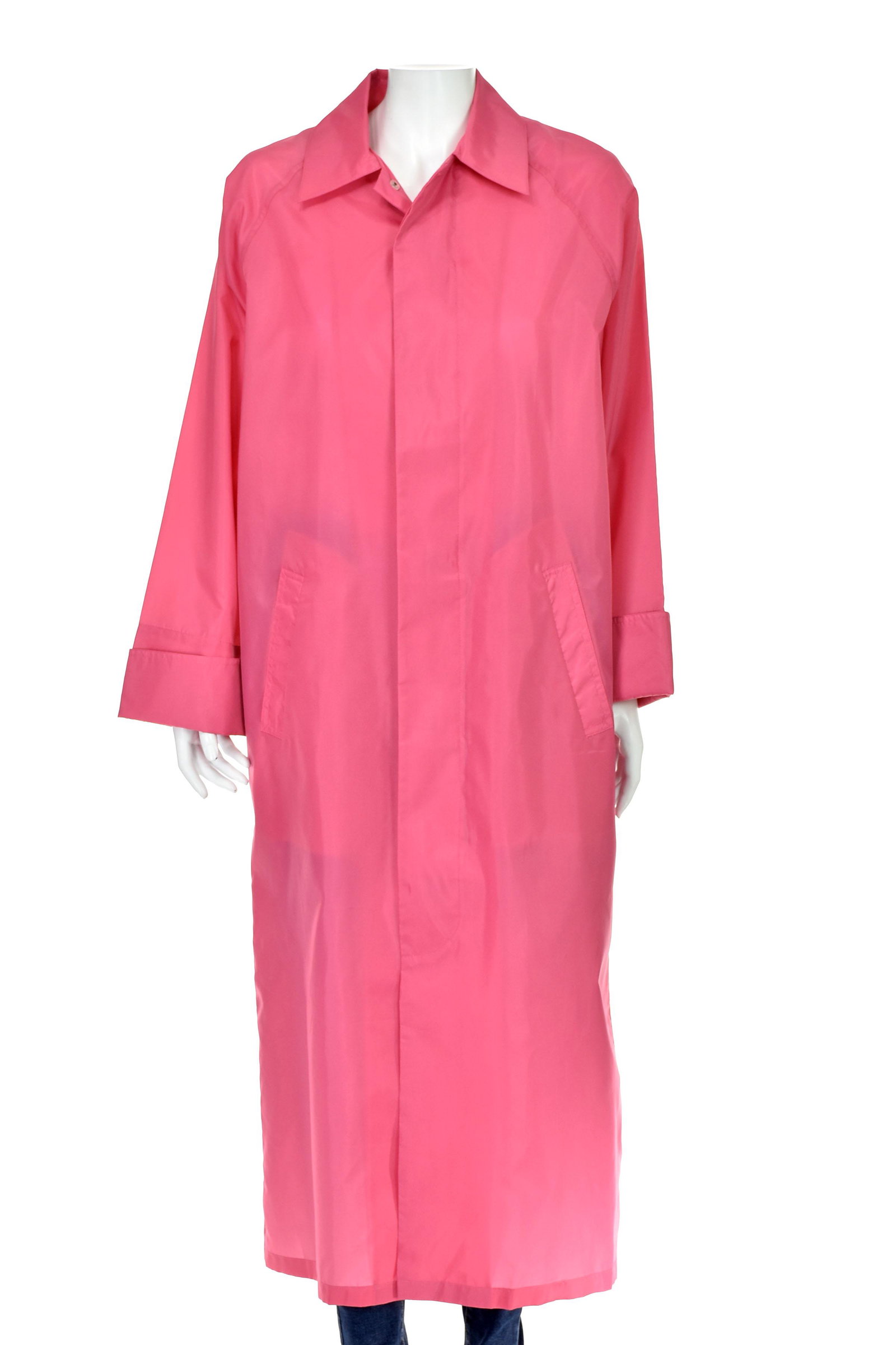 LONGCHAMP Pink Nylon Duster / Raincoat NWOT: Vivid pink duster style rain coat from Longchamp has logo buttons, besom pockets and raglan sleeves. Plenty large enough to accommodate Small and Medium sizes. Please refer to the measurements for add