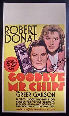Goodbye Mr. Chip '39 Midget Window Card ~ Robert Donat: Overall in Very Good Condition. This rare Midget/Mini Window Card for GOODBYE MR. CHIPS has been cleaned, had the top blank advertising area replaced and parts of the borders repaired by John Davis at