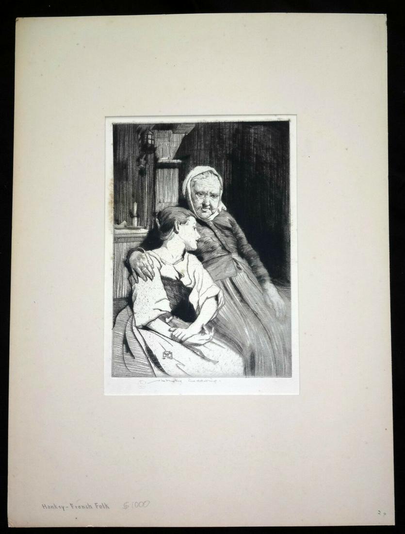 20ct Etching Print FRENCH FOLK WILLIAM LEE HANKEY: Up for sale from a recent estate in Honolulu Hawaii this early 20th century English etching print that is titled “French Folk” and is signed in pencil by the well known artist William Lee Hankey. 