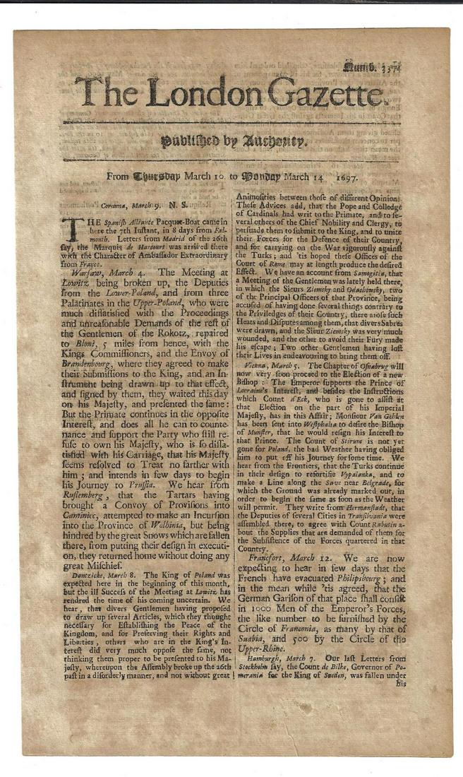 1697 London Gazette European News Turks: The London Gazette for March 10-14, 1697, two pages complete, printed by Edward Jones at the Savoy. Interesting news from the European continent including mentions of Tartars and actions against the T
