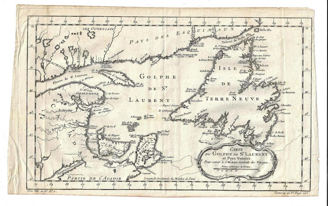 c1770 Bellin Map Golphe St. Laurent: Carte Du Golphe de St. Laurent et Pays Voisins.., by Jacques Bellin printed at Paris circa 1760. Very Good, folds and light wear at edges. Measures 15.5 x 9.5". Reserve: $50.00 Shipping: Domestic: Fla