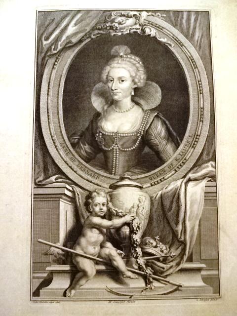c1740 Houbraken Engraving Anne of Denmark: Engraving of Anne of Denmark after Jacobus Houbraken, circa 1740. Fine with light loss at lower right corner. Measures 14 x 18.5". Reserve: $40.00 Shipping: Domestic: Flat-rate of $5.00 to anywhere wi