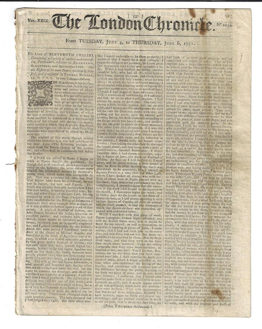 1771 London Chronicle Cellini Hackney Coaches: The June 4-6, 1771 issue of The London Chronicle, eight pages complete. Interesting front page article on the life of Benvenuto Cellini. Much else including on English acts regarding copper coins and
