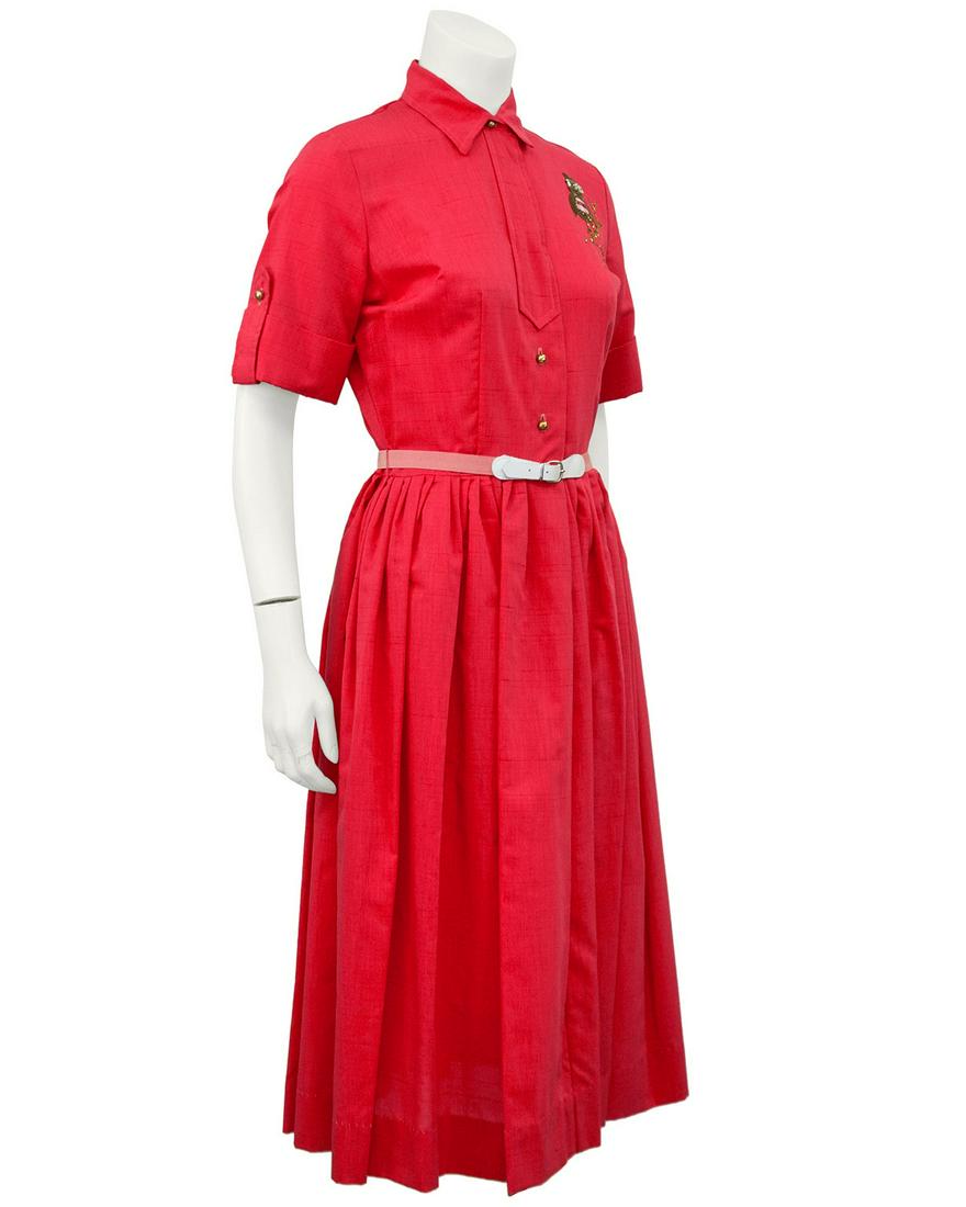 Anonymous Coral Shirtdress with Owl Applique: Adorable dead stock 1960s coral shirtdress with belt and gold ball buttons. Cuffs on the sleeves are finished with matching buttons and hidden snap behind front placket. Gathering at the natural waist