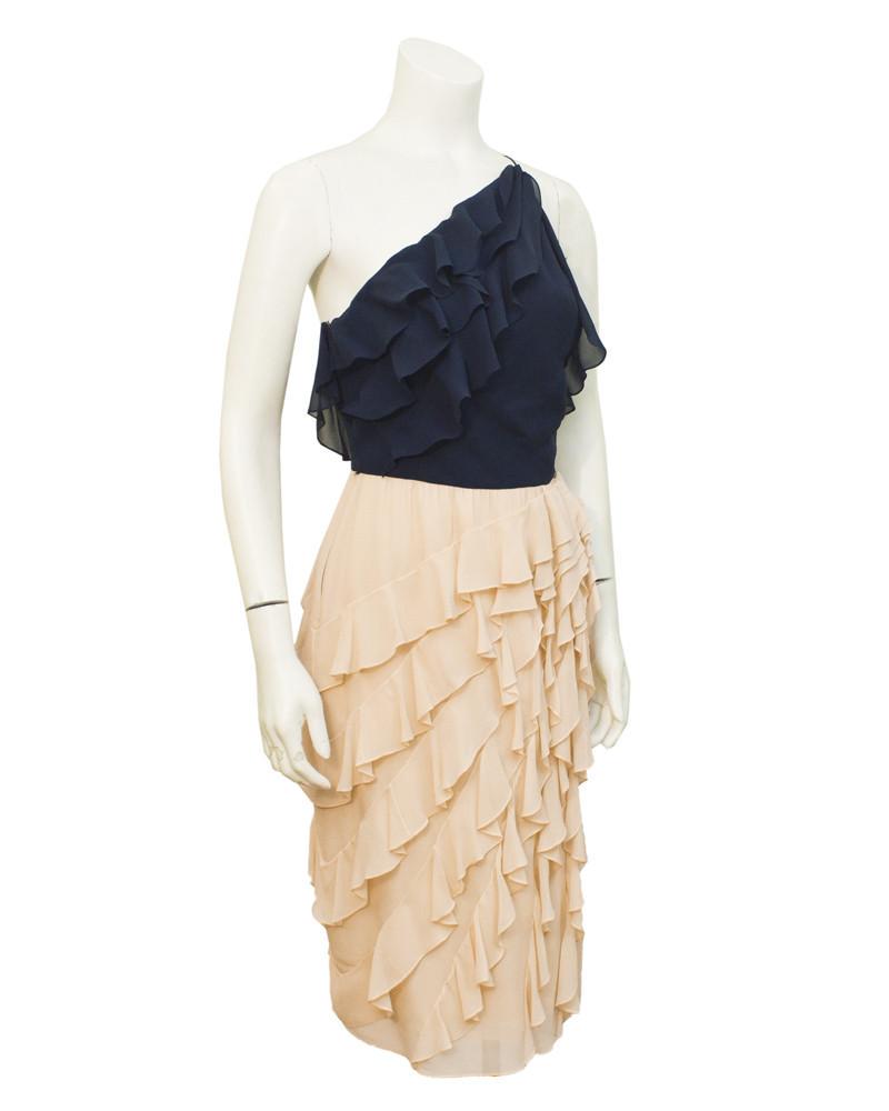 Bill Blass Pink & Navy Chiffon Cocktail: Feminine color block chiffon cocktail dress with one shoulder and cascading ruffles. Simple and elegant from early 1980's Bill Blass collection. Delicate navy chiffon strap crosses the shoulder blades