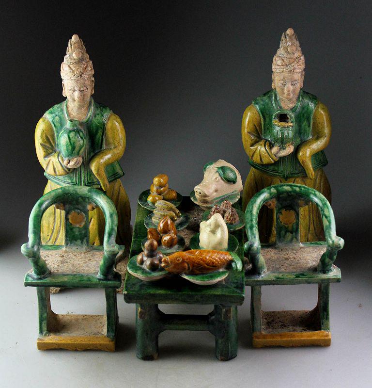 Museum Quality complete Tomb pottery banket scene, Ming: A fantastic set for a small banket, made as Tomb pottery in Sancai colours, Chinese, dating to the Ming Dynasty, 1368-1644 AD. The set consists of a massive table filled with 8 dishes with food, incl.