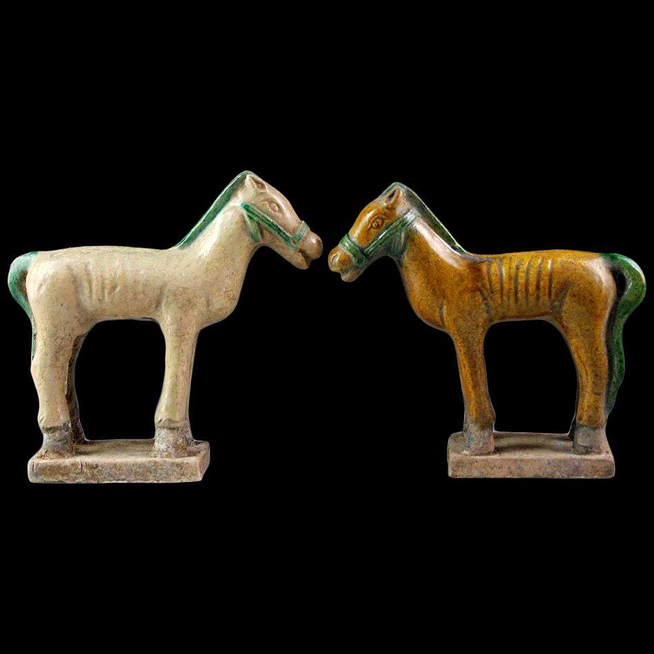 Rare Pair of Chinese Tomb Pottery figures of horses,: A rare and unusual pair of Tomb pottery figures of horses, Chinese, dating to the Ming Dynasty 1368-1644 AD.; The figures are very cute and attractive and finely glaced with good details. The glace in