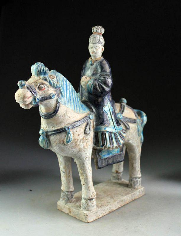 Rare Chinese Female pottery rider Ming Dynasty / w TL: A very scarce and beautiful Chinese pottery tomb figure of a female rider / Attendant on horseback, Ming Dynasty, 1368-1644 AD. This figure is TL Tested (termoluminiscense) by Ralf Kotalla Laboratory 