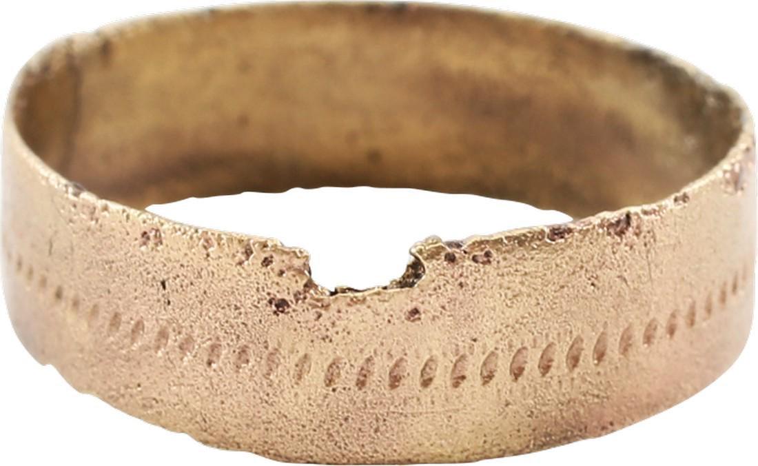 ANCIENT VIKING WEDDING RING C.850-1050 AD SIZE 8 3/4.: Broad, flat band, 5.9mm width, size 8 3/4. The center with a delicately stippled line hand tooled in. Professionally refurbished with 24karat overlay restored Vikings exchanged rings on the pommel of 