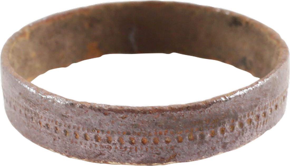 VIKING WEDDING RING C.1000 AD SZ 2 1/2: No Reserve! Late 9th-11th century AD. Bronze, size 2 ½. 3.3mm width band with a slightly flat face hand engraved with a stipple band in the middle face.. Vikings exchanged rings on the pommel of the 
